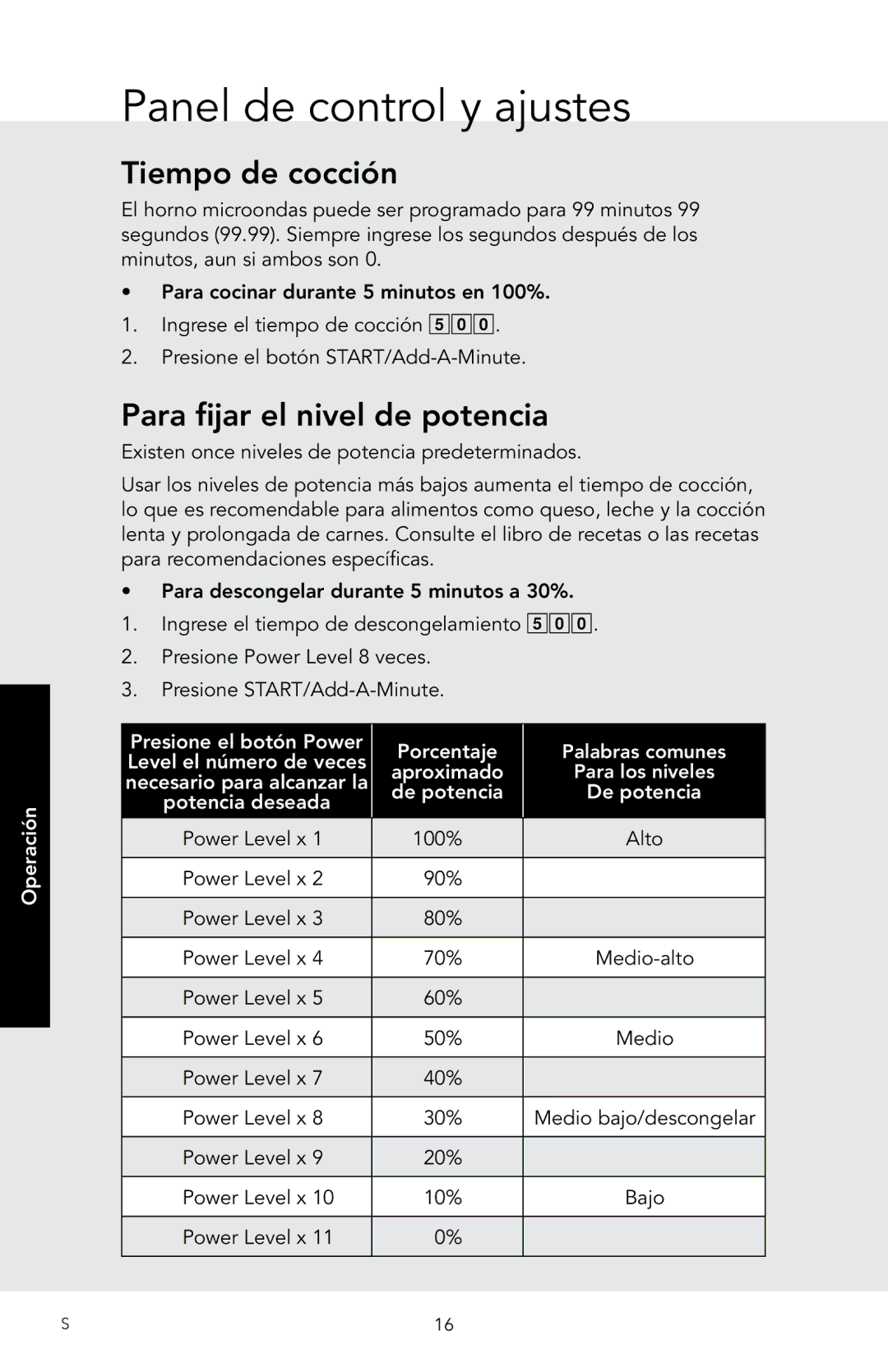 Viking D3, RDMOS201SS manual Panel de control y ajustes, Tiempo de cocción, Para fijar el nivel de potencia, Operación 