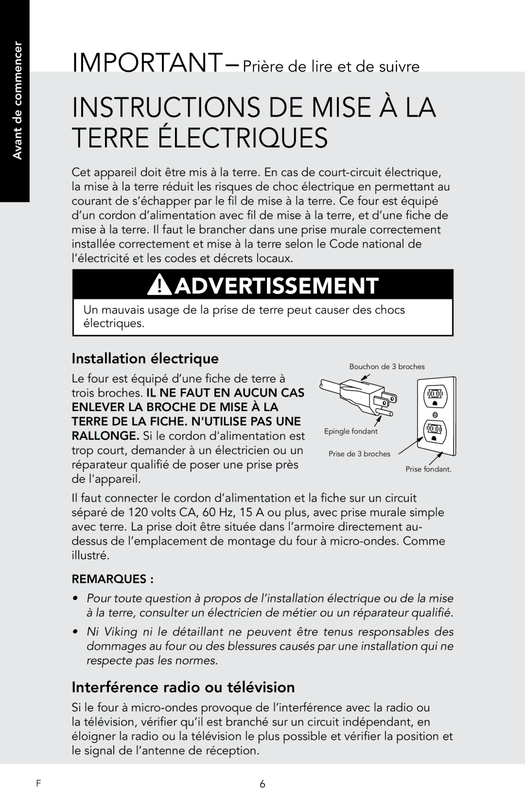 Viking D3, RDMOS201SS manual Instructions de mise à la terre électriques, IMPORTANT- Prière de lire et de suivre 