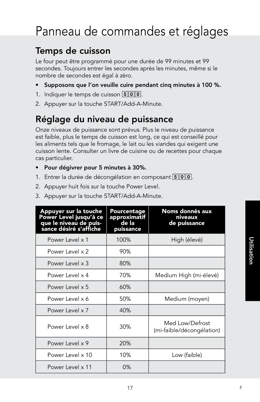 Viking D3, RDMOS201SS manual Temps de cuisson, Réglage du niveau de puissance, Utilisation 