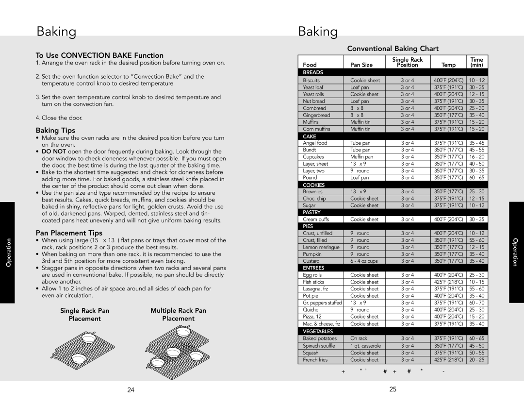 Viking D3 manual To Use Convection Bake Function, Baking Tips, Pan Placement Tips, Conventional Baking Chart 