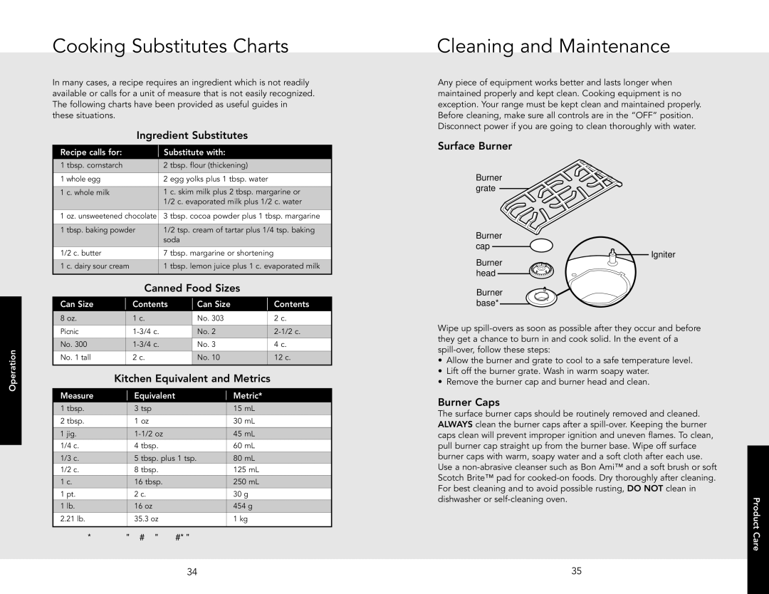 Viking D3 manual Cooking Substitutes Charts, Cleaning and Maintenance 