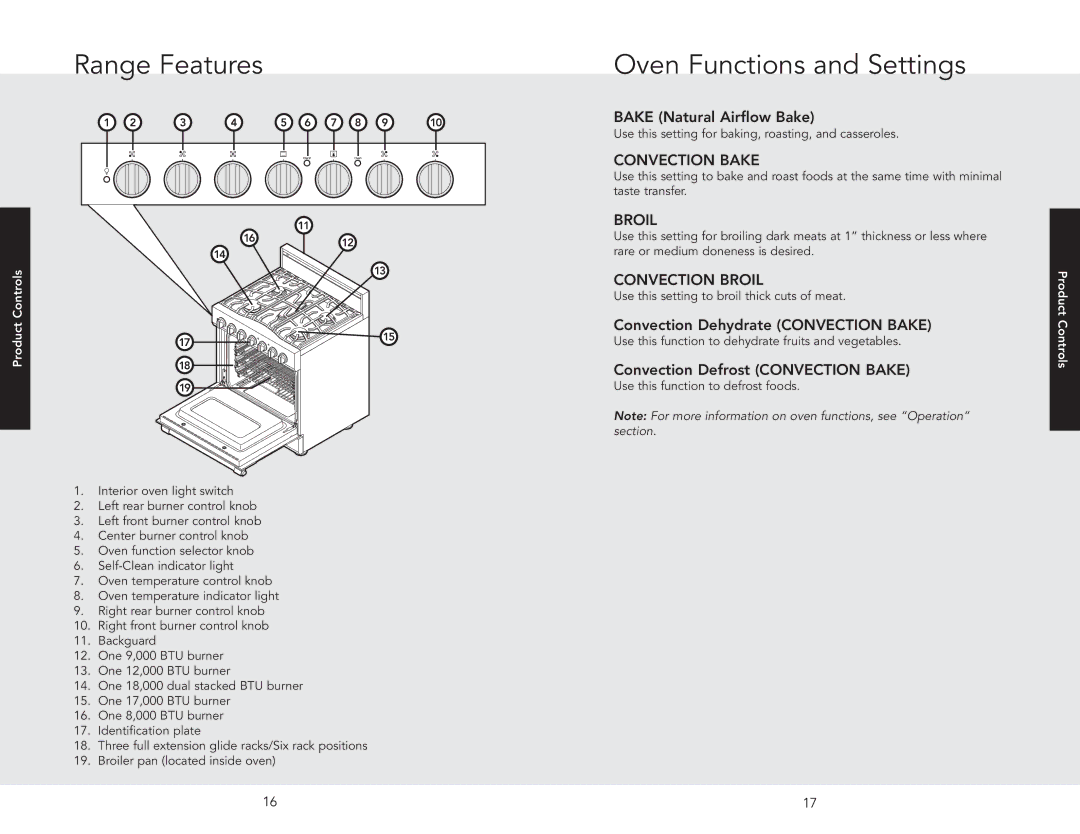 Viking D3 Bake Natural Airflow Bake, Convection Dehydrate Convection Bake, Convection Defrost Convection Bake, Controls 