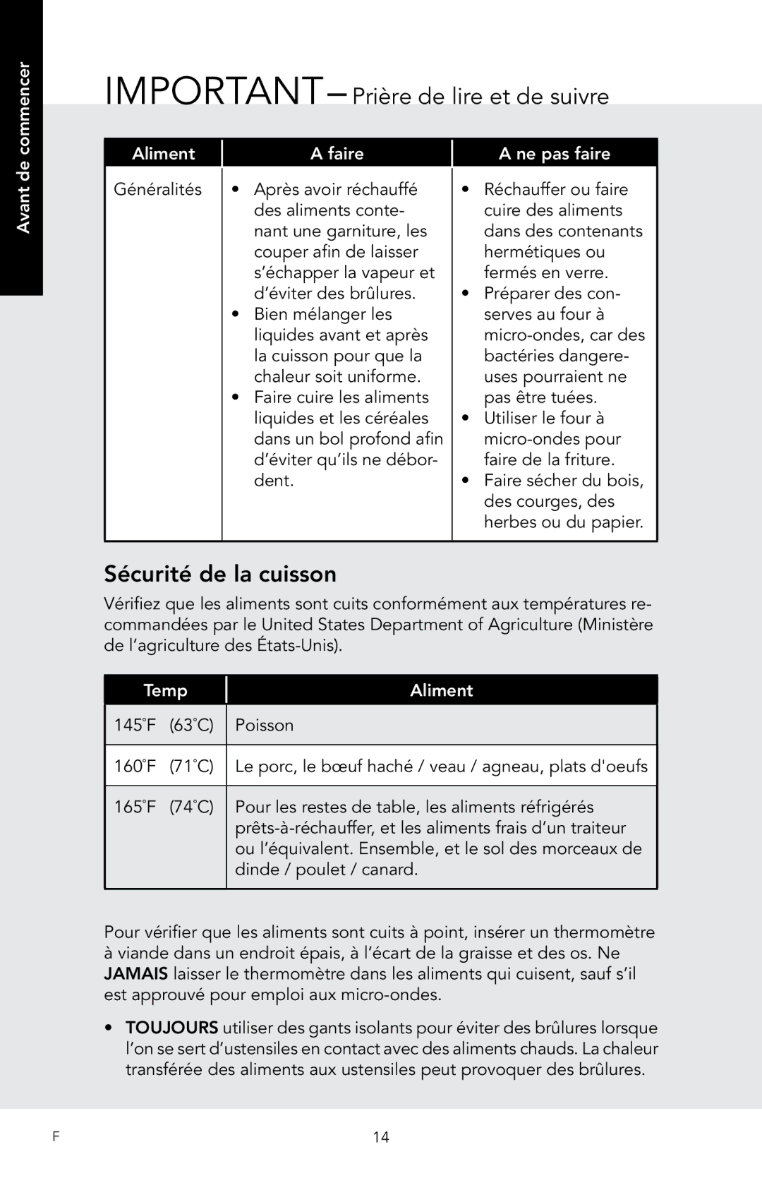 Viking D3 manual Sécurité de la cuisson, Temp Aliment 