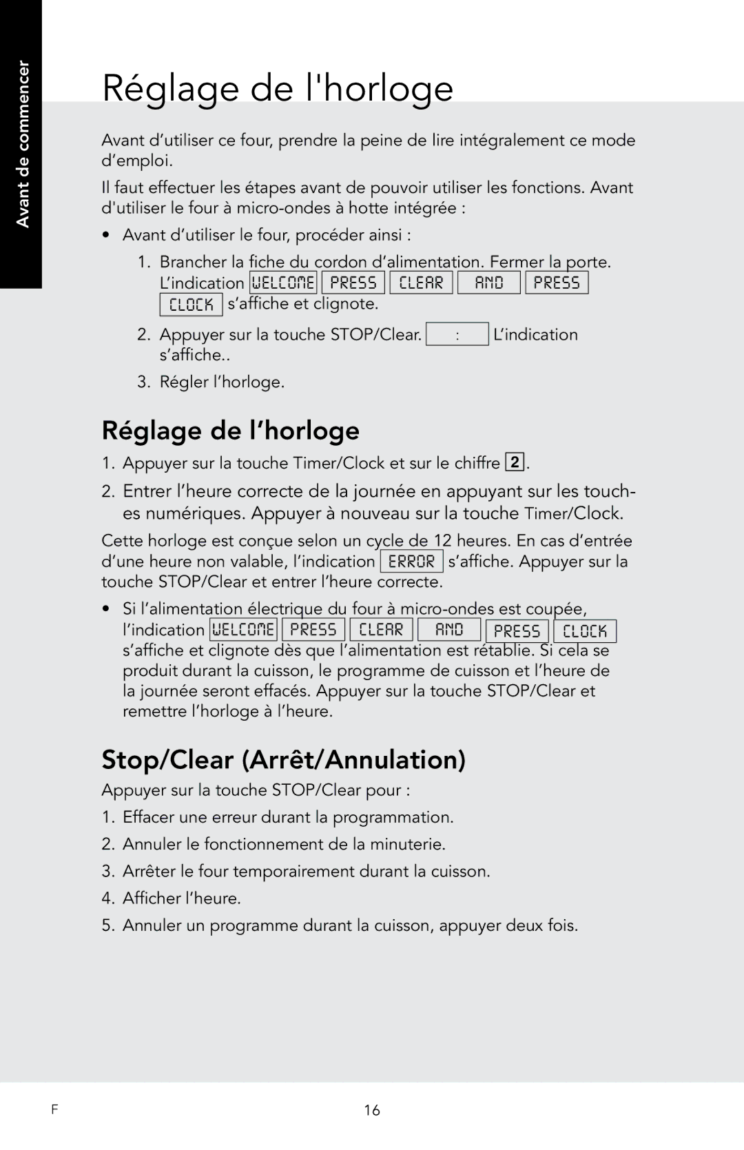 Viking D3 manual Réglage de lhorloge, Réglage de l’horloge, Stop/Clear Arrêt/Annulation 