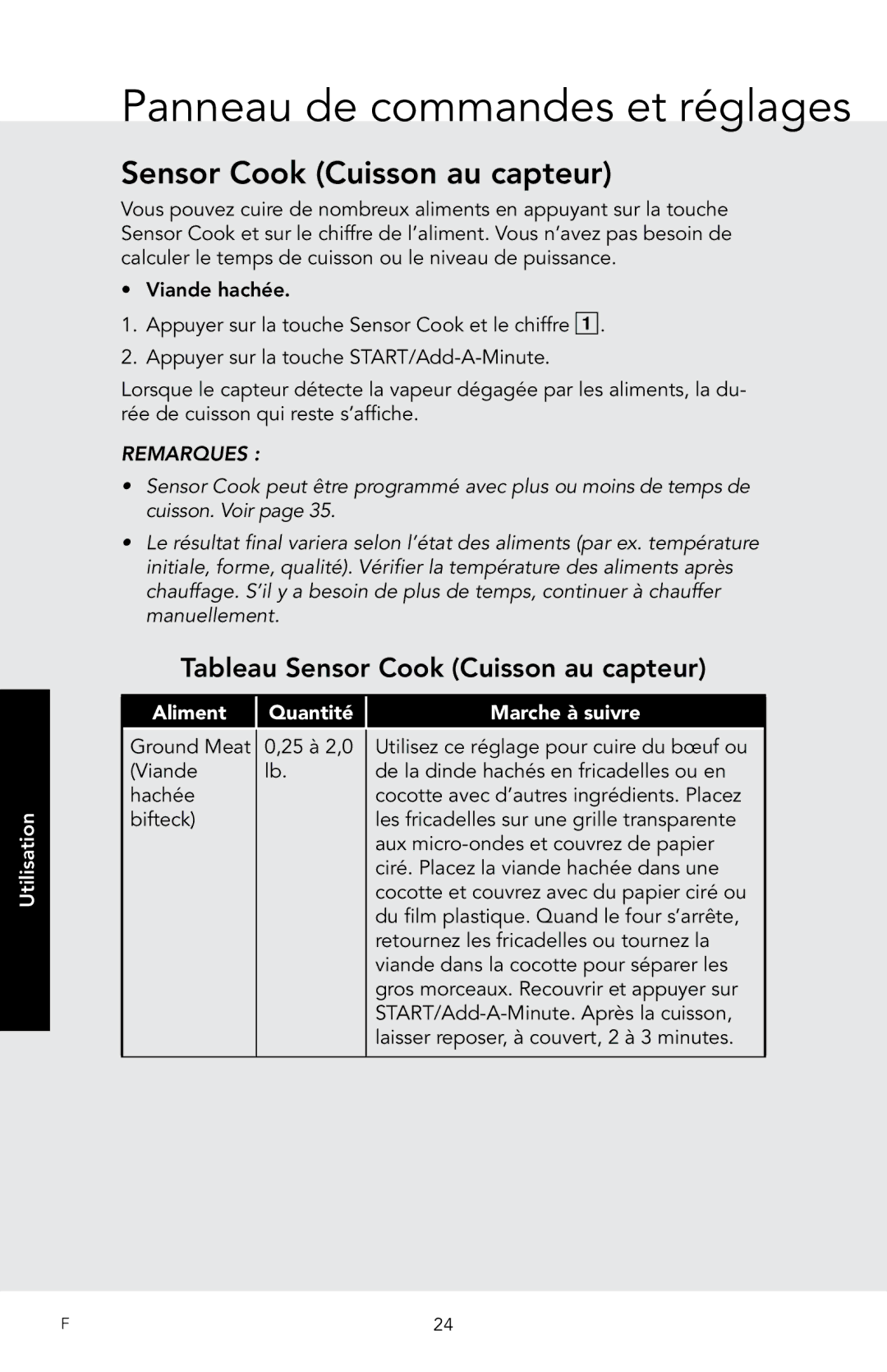 Viking D3 manual Tableau Sensor Cook Cuisson au capteur 