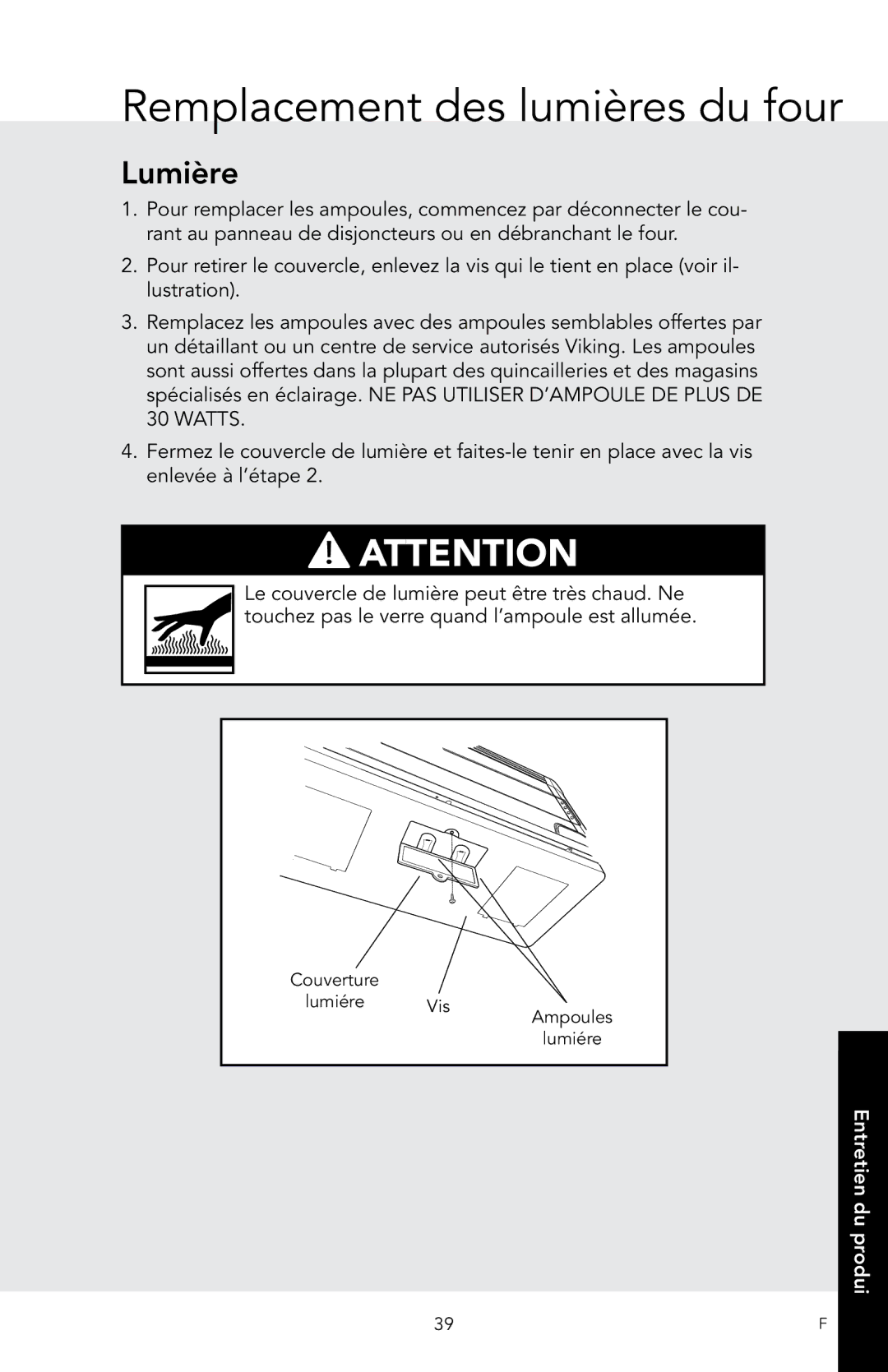 Viking D3 manual Remplacement des lumières du four, Lumière 