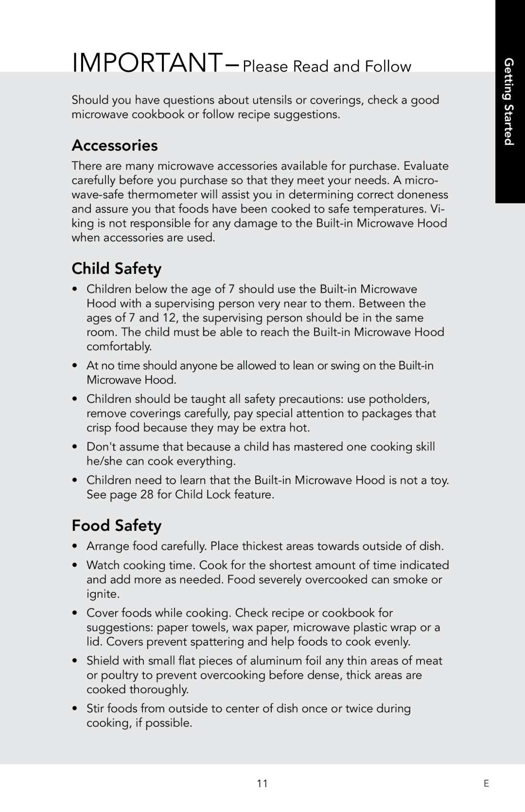 Viking D3 manual Accessories, Child Safety, Food Safety 