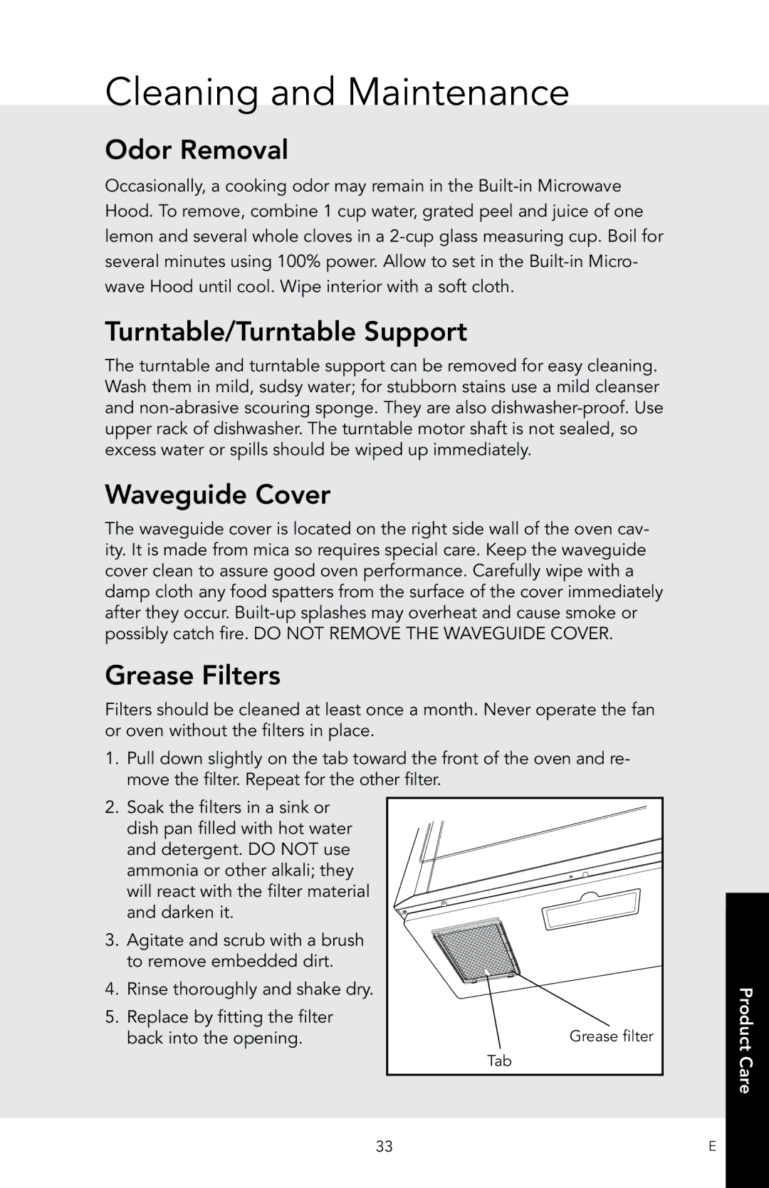 Viking D3 manual Odor Removal, Turntable/Turntable Support, Waveguide Cover, Grease Filters 