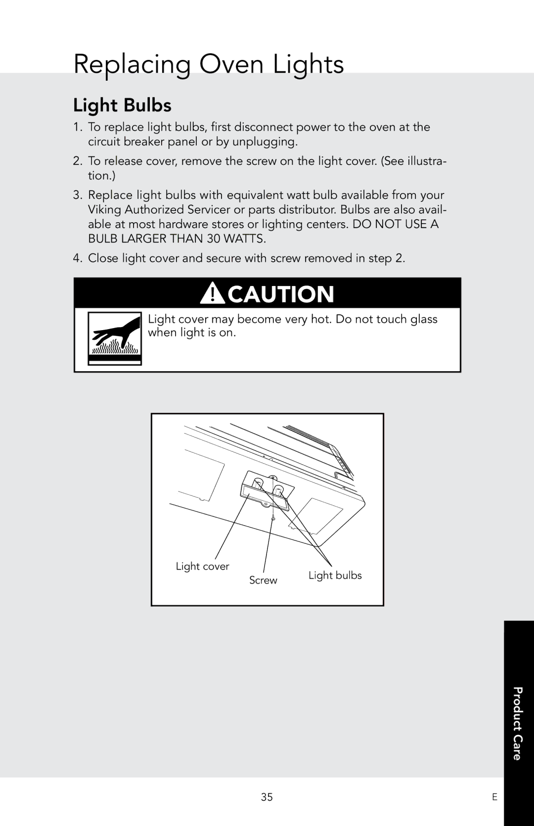 Viking D3 manual Replacing Oven Lights, Light Bulbs 