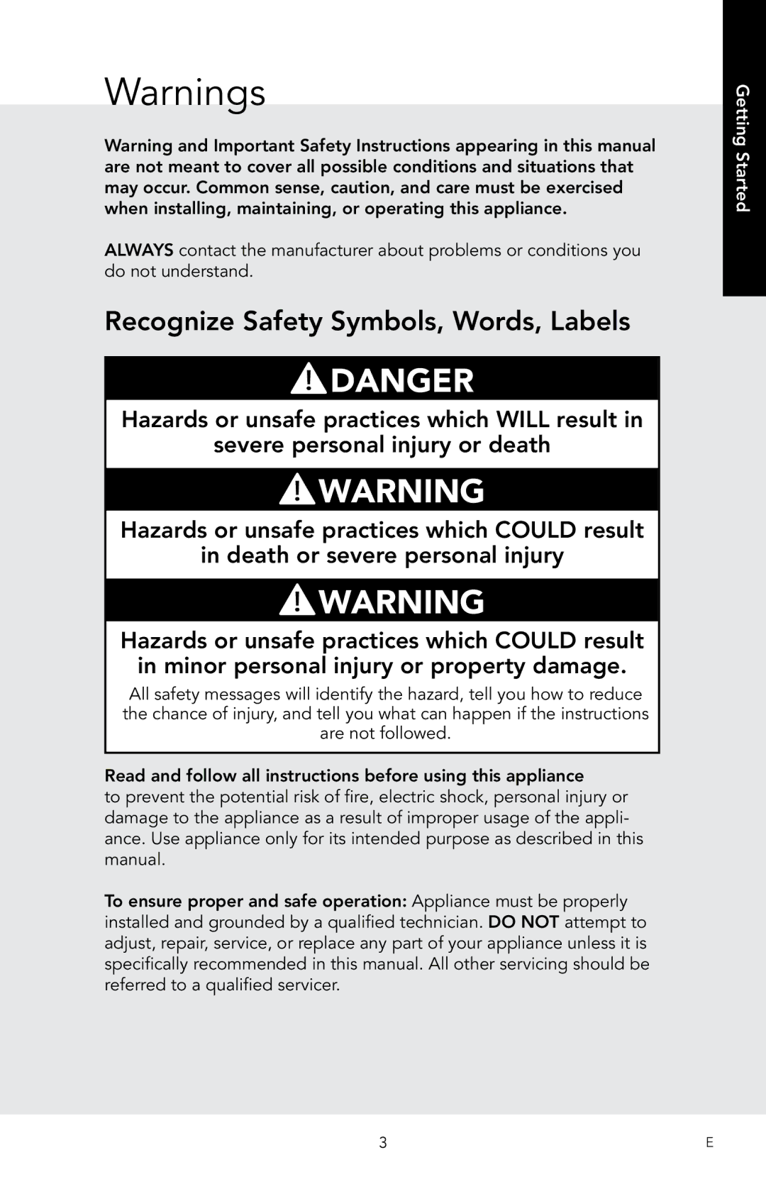 Viking D3 manual Recognize Safety Symbols, Words, Labels, Getting Started 