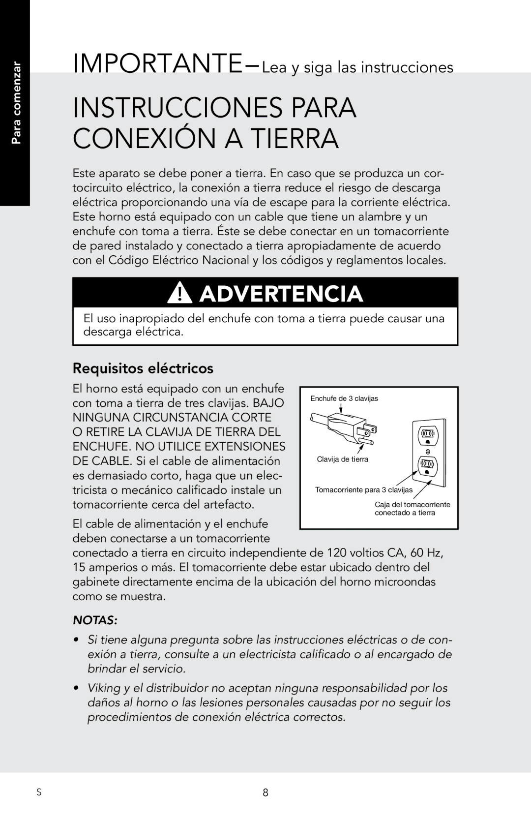 Viking D3 manual Instrucciones para conexión a tierra, IMPORTANTE-Lea y siga las instrucciones 