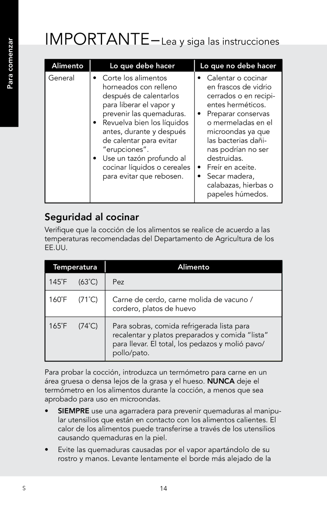 Viking D3 manual Seguridad al cocinar, Comenzar, Para Alimento, Temperatura Alimento 