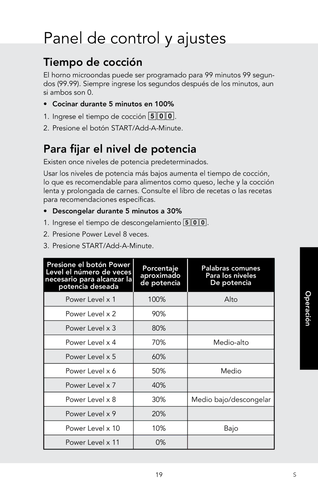 Viking D3 Panel de control y ajustes, Tiempo de cocción, Para fijar el nivel de potencia, De potencia Potencia deseada 