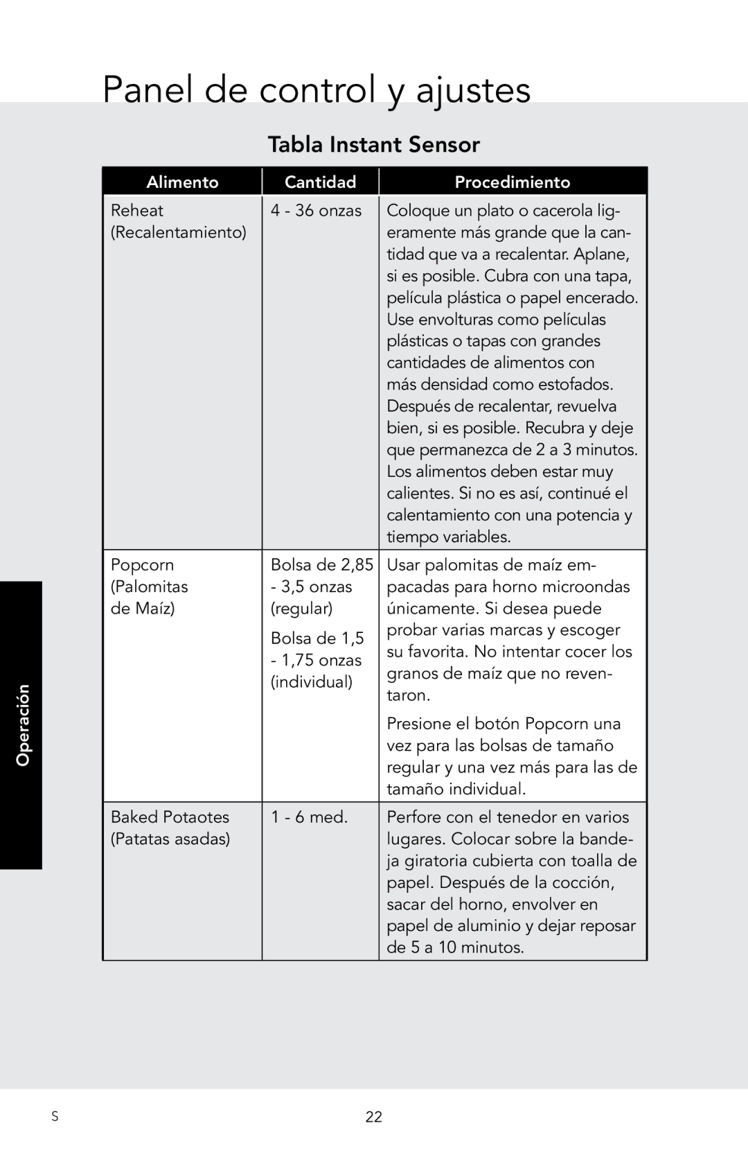 Viking D3 manual Tabla Instant Sensor, Alimento Cantidad Procedimiento 