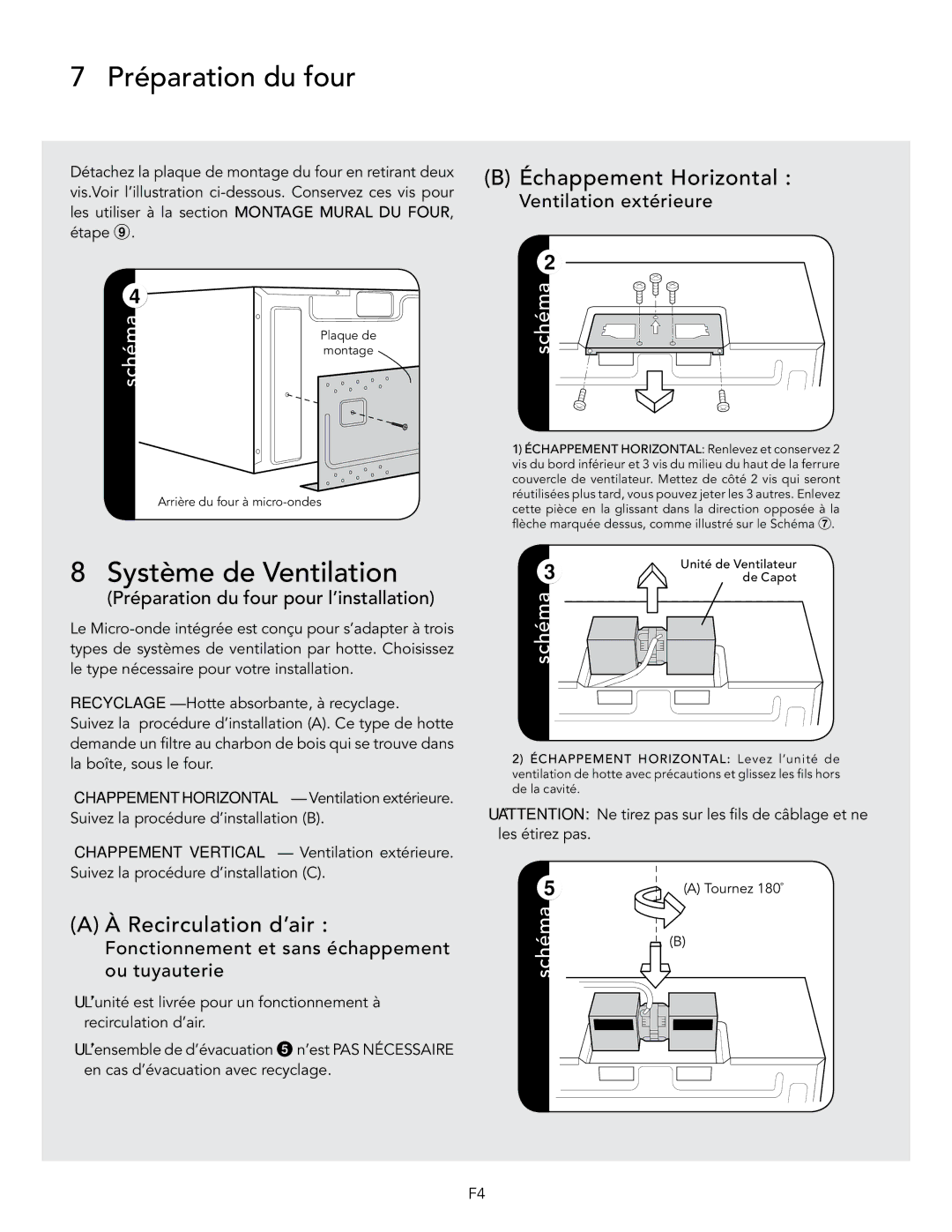 Viking D3 manual Préparation du four, Système de Ventilation, Recirculation d’air, Échappement Horizontal 