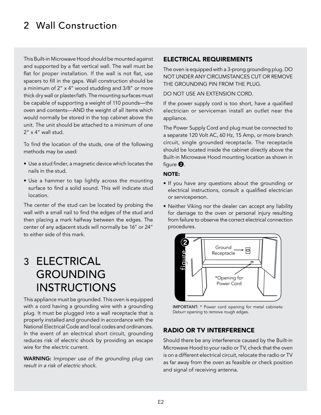 Viking D3 manual Wall Construction, Ground, Receptacle, Opening for, Power Cord 