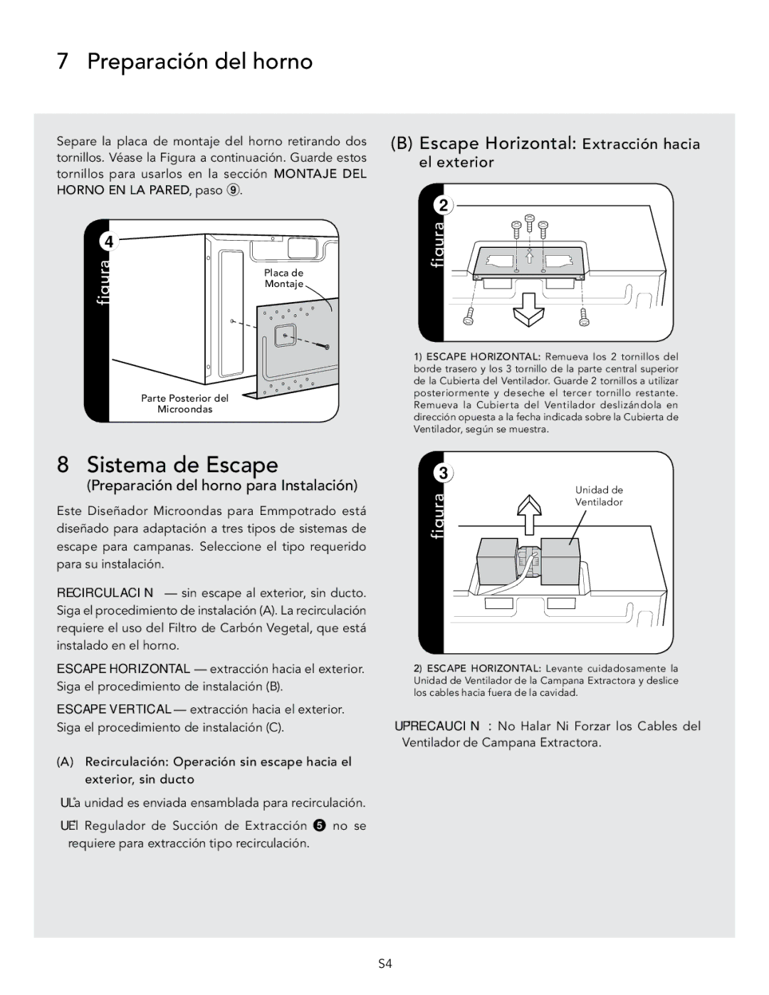 Viking D3 manual Preparación del horno, Sistema de Escape, Escape Horizontal Extracción hacia, El exterior 