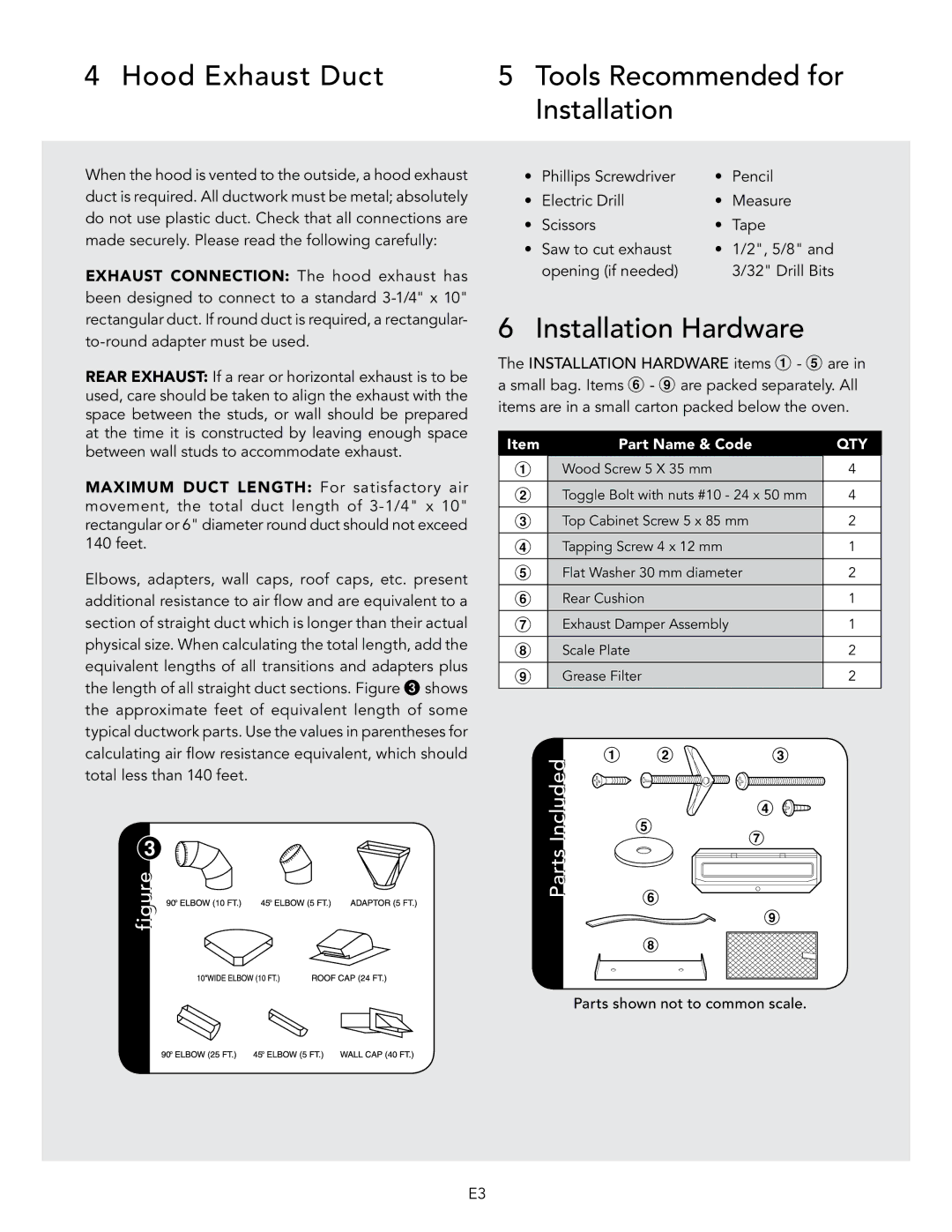 Viking D3 manual Hood Exhaust Duct Tools Recommended for Installation, Installation Hardware 