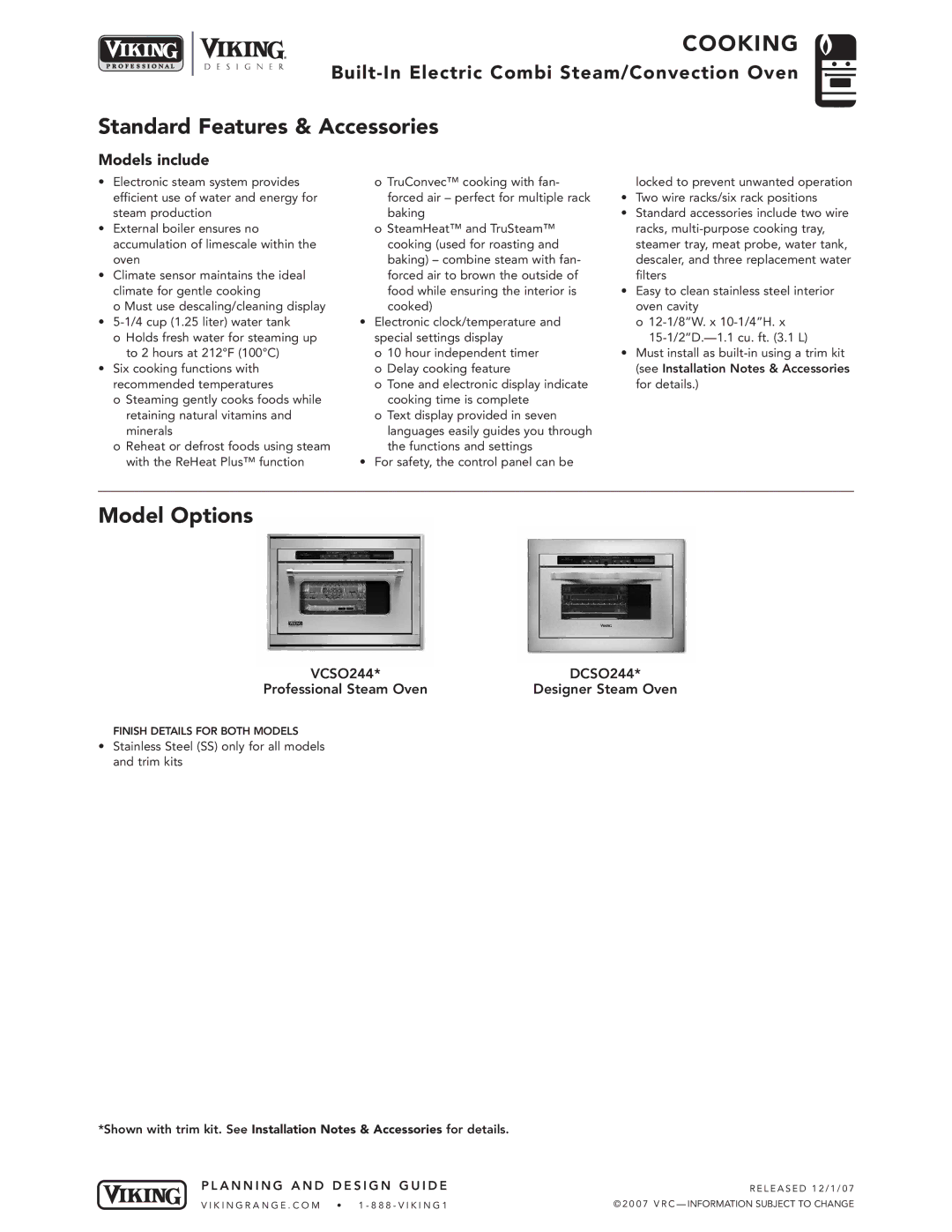 Viking VCSO244*, DCSO244* manual Standard Features & Accessories, Model Options, Models include 