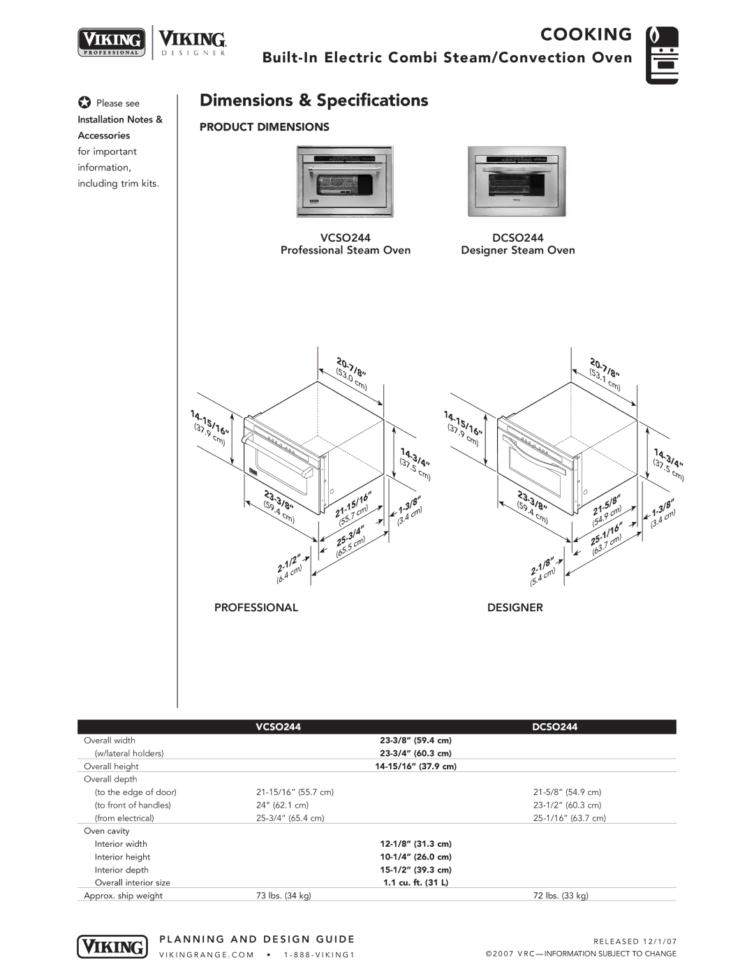 Viking DCSO244*, VCSO244* manual Dimensions & Specifications, 15/169 