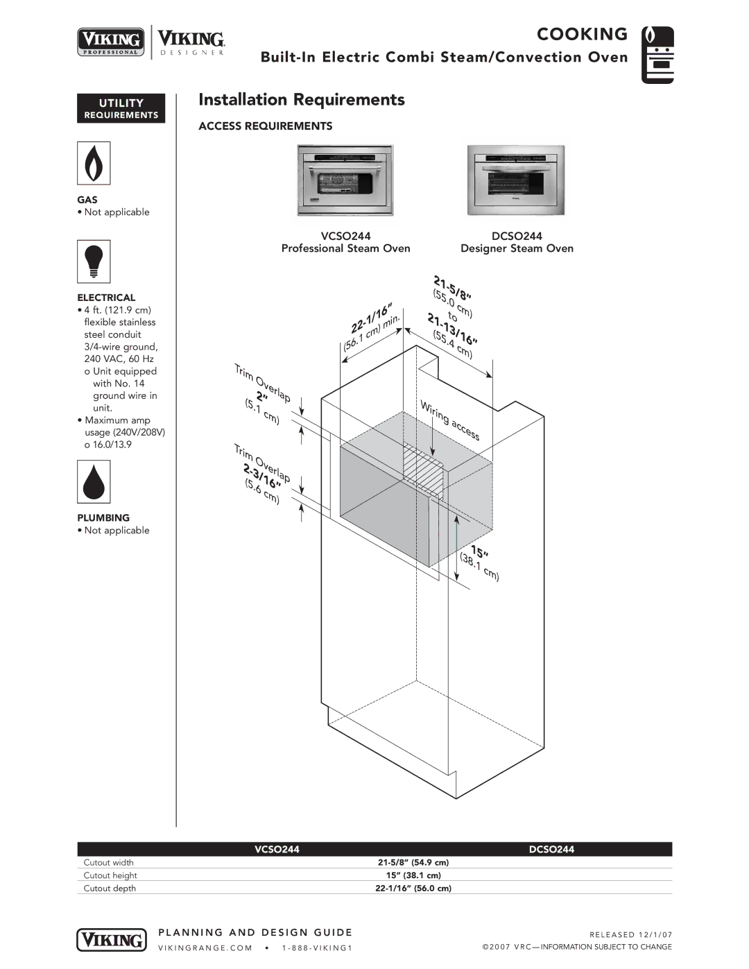 Viking VCSO244*, DCSO244* manual Installation Requirements, Utility 