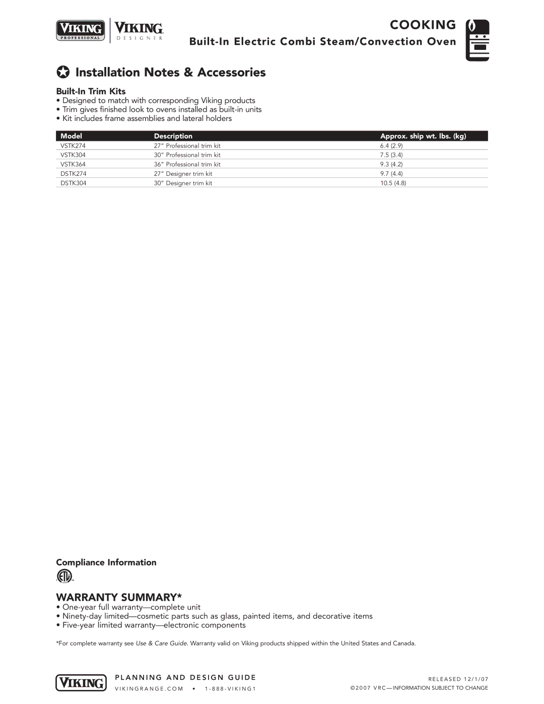 Viking DCSO244*, VCSO244* manual Installation Notes & Accessories, Built-In Trim Kits, Compliance Information 