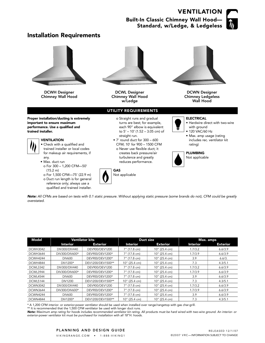 Viking DCWH, DCWN, DCWL dimensions Installation Requirements, Utility Requirements 