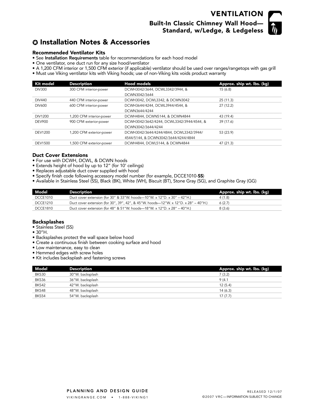 Viking DCWN, DCWL, DCWH Installation Notes & Accessories, Recommended Ventilator Kits, Duct Cover Extensions, Backsplashes 