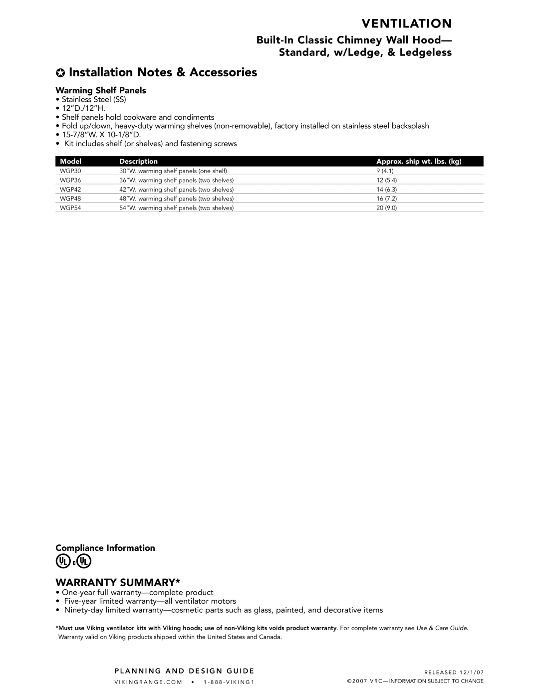 Viking DCWL, DCWN, DCWH dimensions Warming Shelf Panels, Compliance Information 