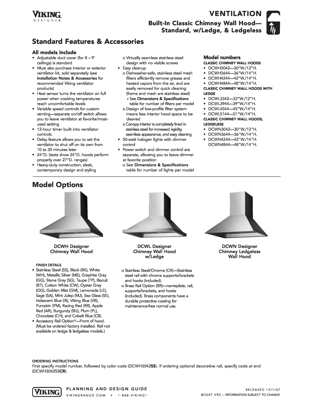 Viking DCWL dimensions Ventilation, Standard Features & Accessories, Model Options, All models include, Model numbers 