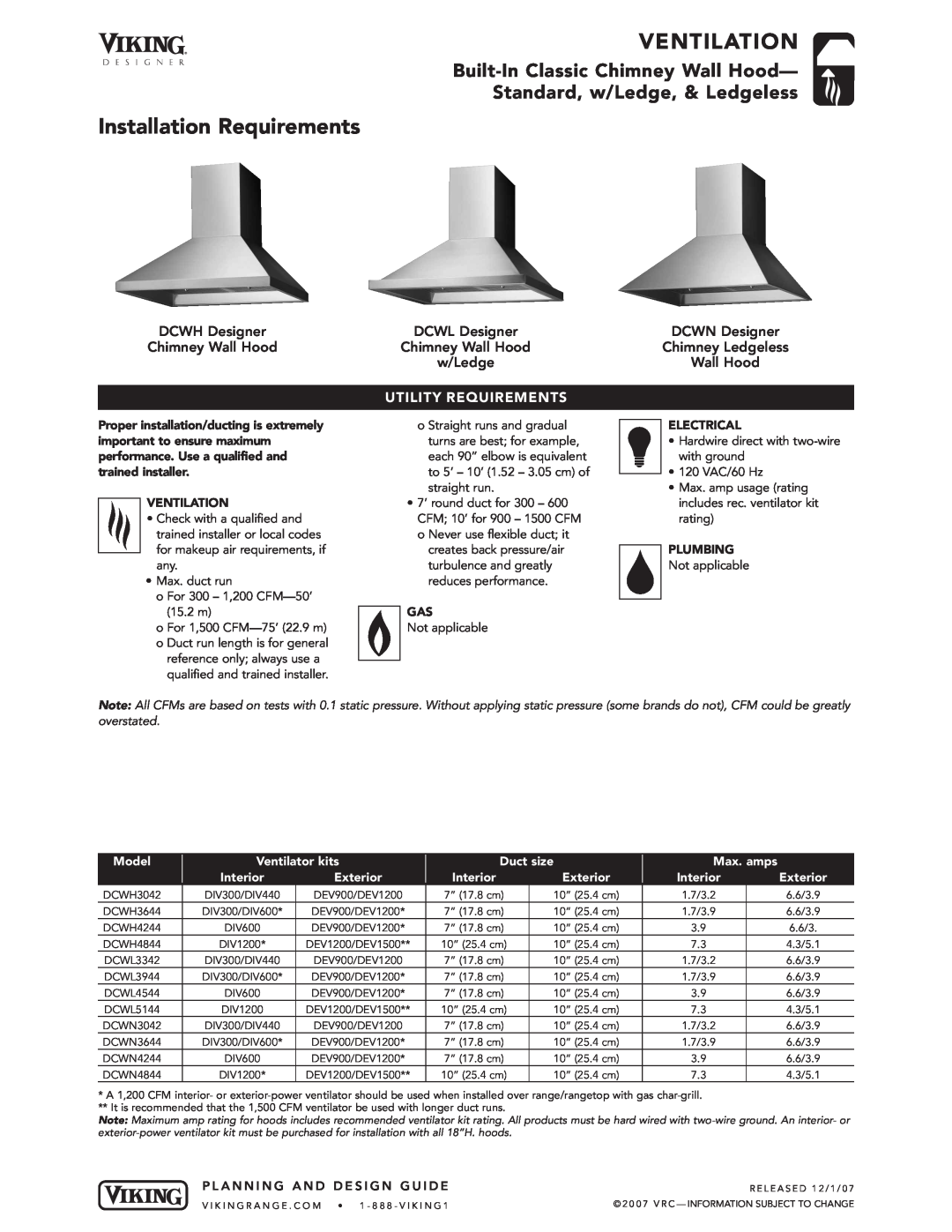 Viking DCWH Installation Requirements, Ventilation, Built-In Classic Chimney Wall Hood Standard, w/Ledge, & Ledgeless 
