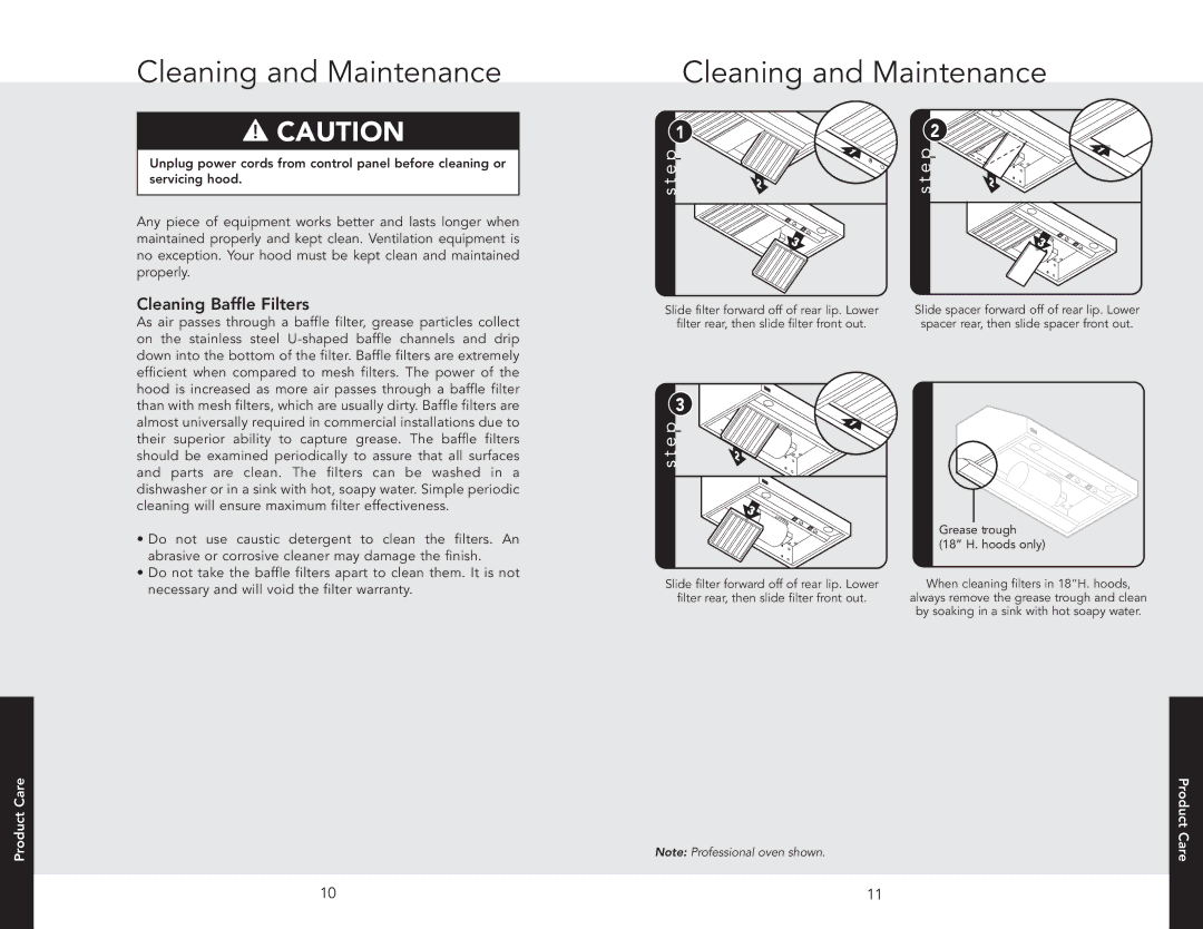 Viking DCWH3644SS, DCWN4844SS, DCWN3644SS, DCWL5144SS, DCWN3042SS, DCWL3944 Cleaning and Maintenance, Cleaning Baffle Filters 