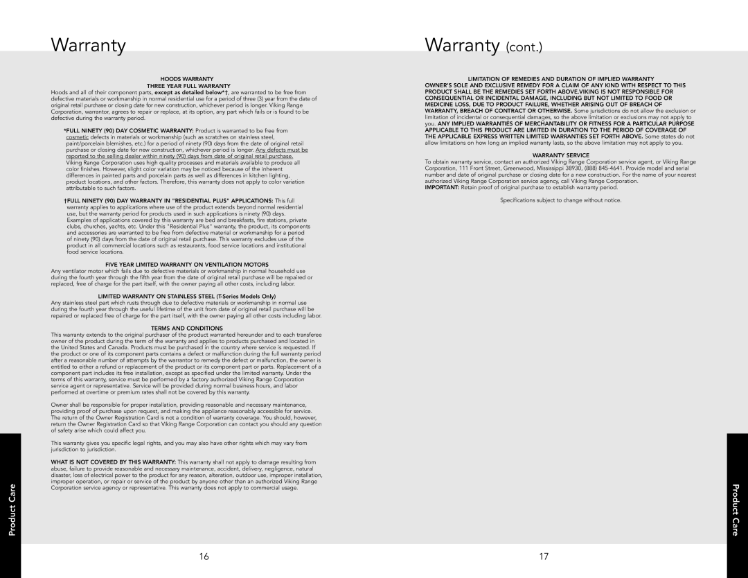 Viking DCWL3944, DCWN4844SS, DCWN3644SS, DCWL5144SS, DCWN3042SS, DCWL4544SS manual Hoods Warranty Three Year Full Warranty 