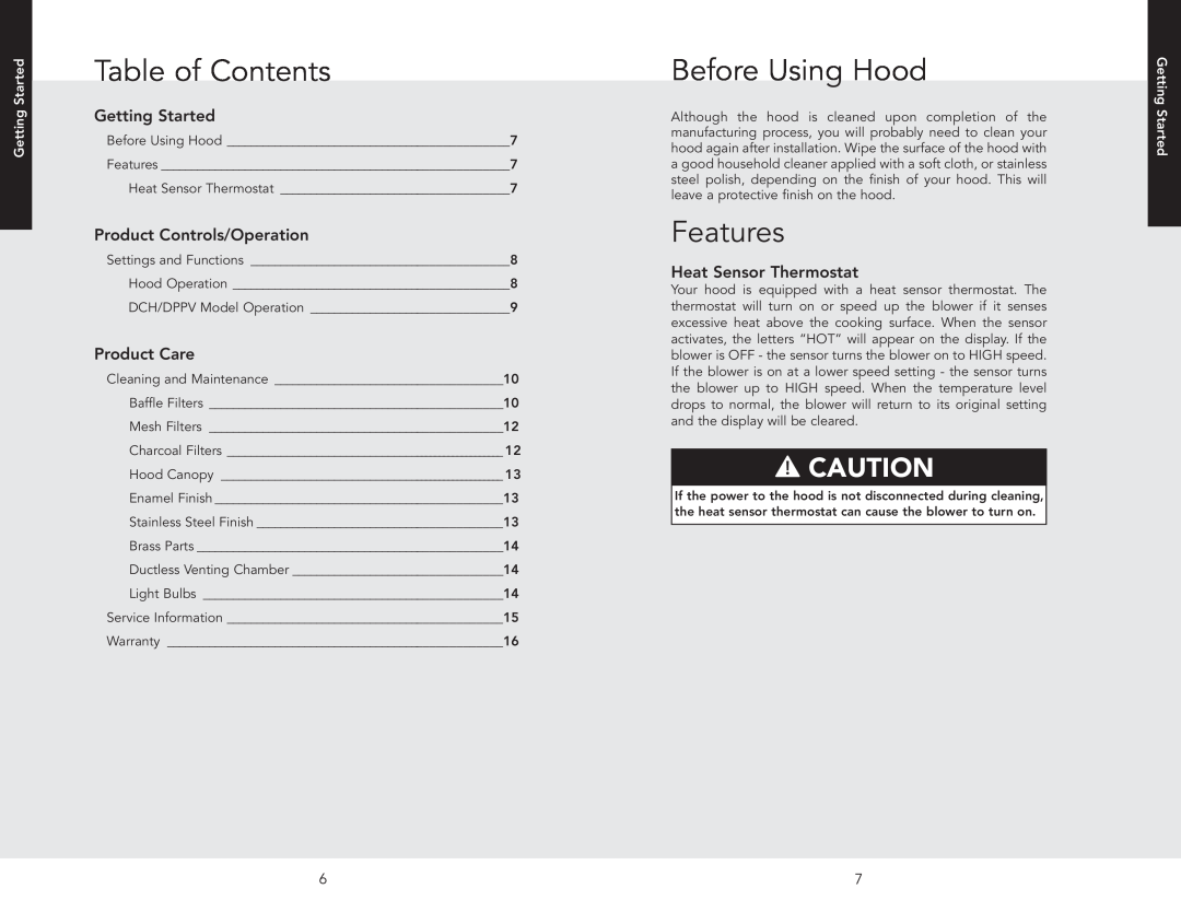 Viking DCWL4544SS, DCWN4844SS Table of Contents, Before Using Hood, Features, Getting Started, Product Controls/Operation 