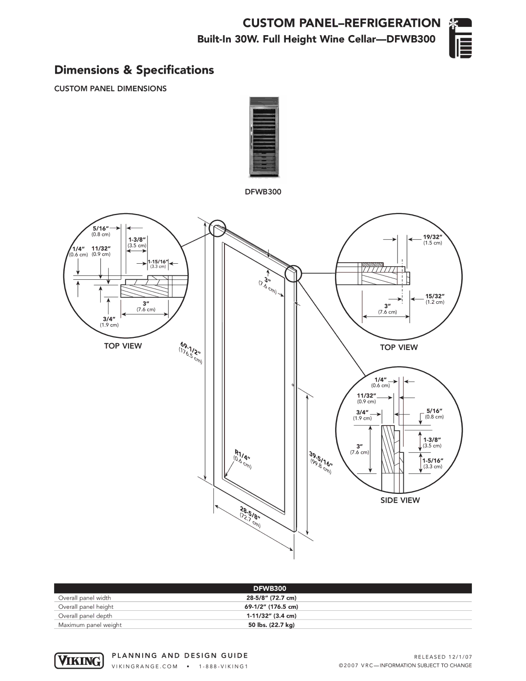 Viking DDWB dimensions Custom Panel Dimensions DFWB300, TOP View, Side View 