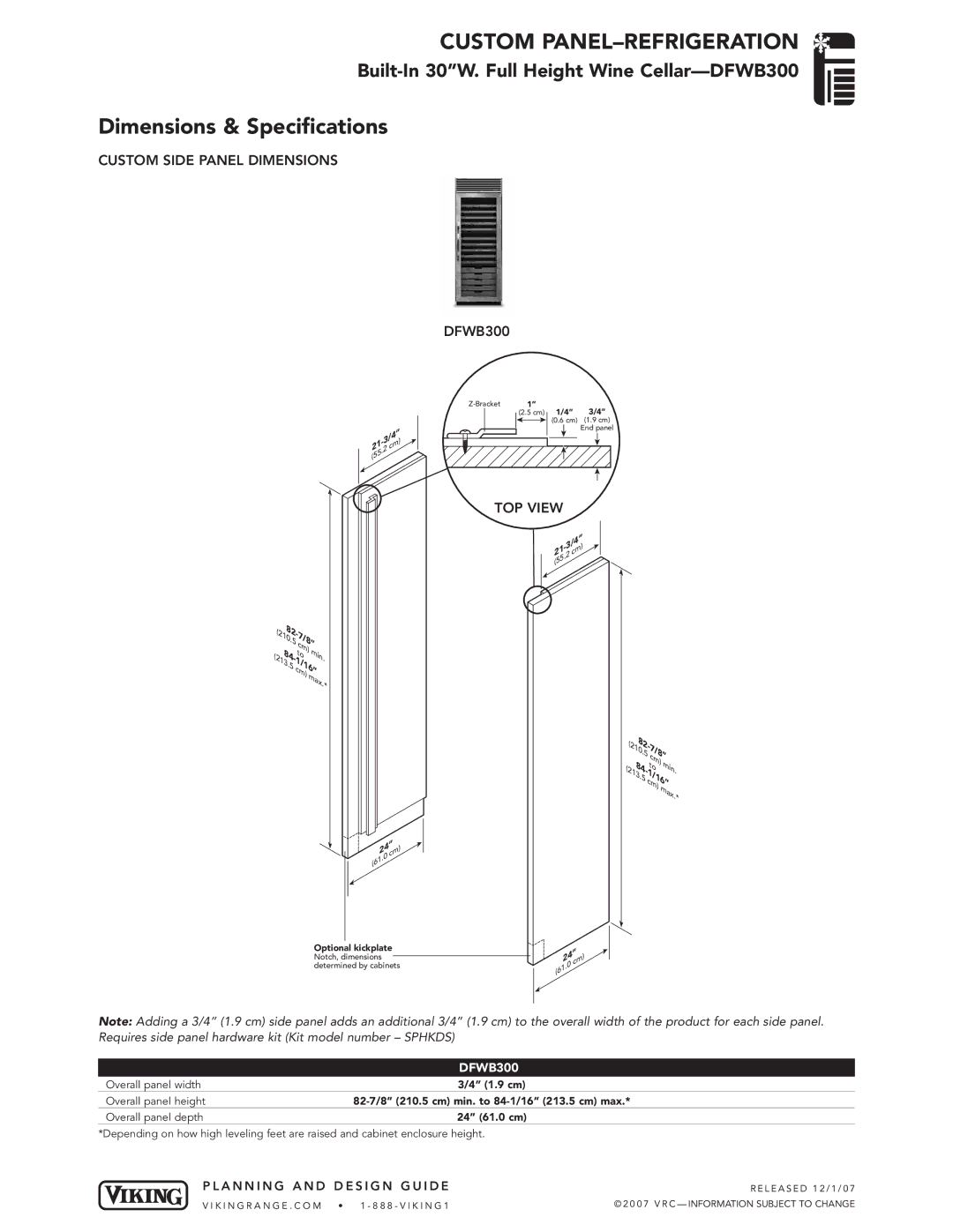 Viking DDWB dimensions Custom Side Panel Dimensions DFWB300, A N N I N G a N D D E S I G N G U I D E 