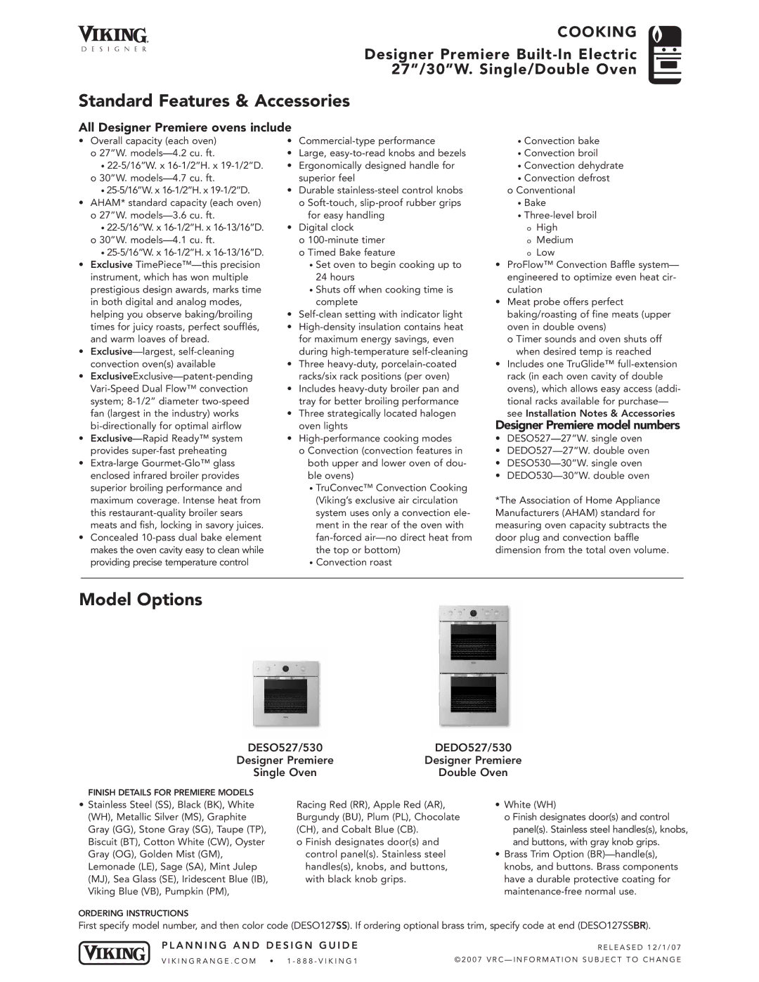 Viking DEDO, DESO manual All Designer Premiere ovens include, Designer Premiere model numbers 