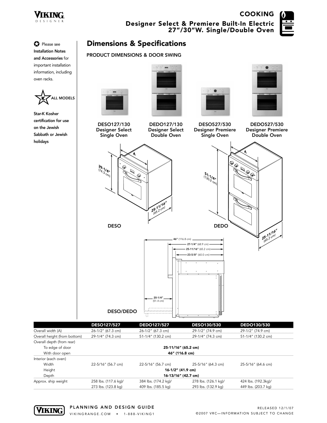 Viking DESO, DEDO manual Dimensions & Specifications, 31/4 