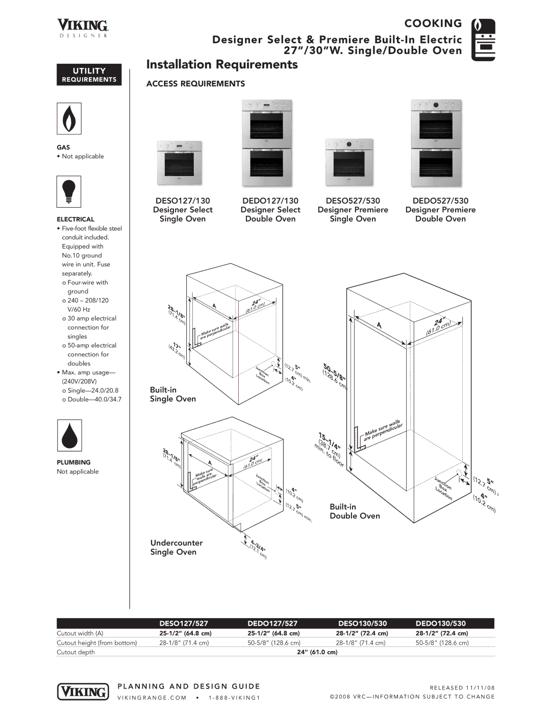 Viking DEDO127/130, DESO127/130 manual Installation Requirements, Access Requirements 