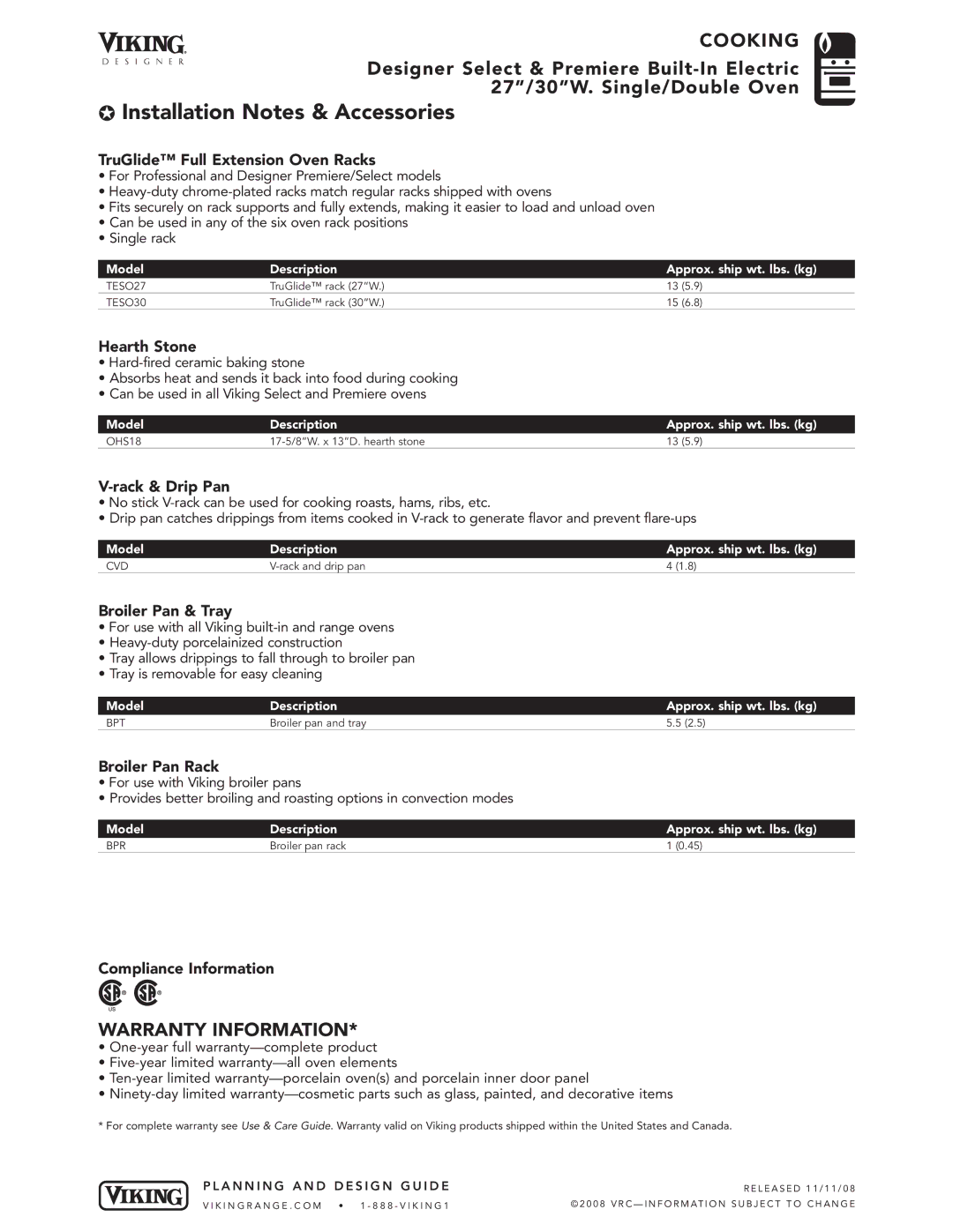 Viking DESO127/130, DEDO127/130 manual Installation Notes & Accessories 