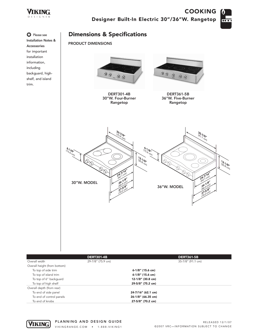 Viking DERT361-5B, DERT301-4B manual Dimensions & Specifications, Product Dimensions, 30W. Model, 36W. Model 