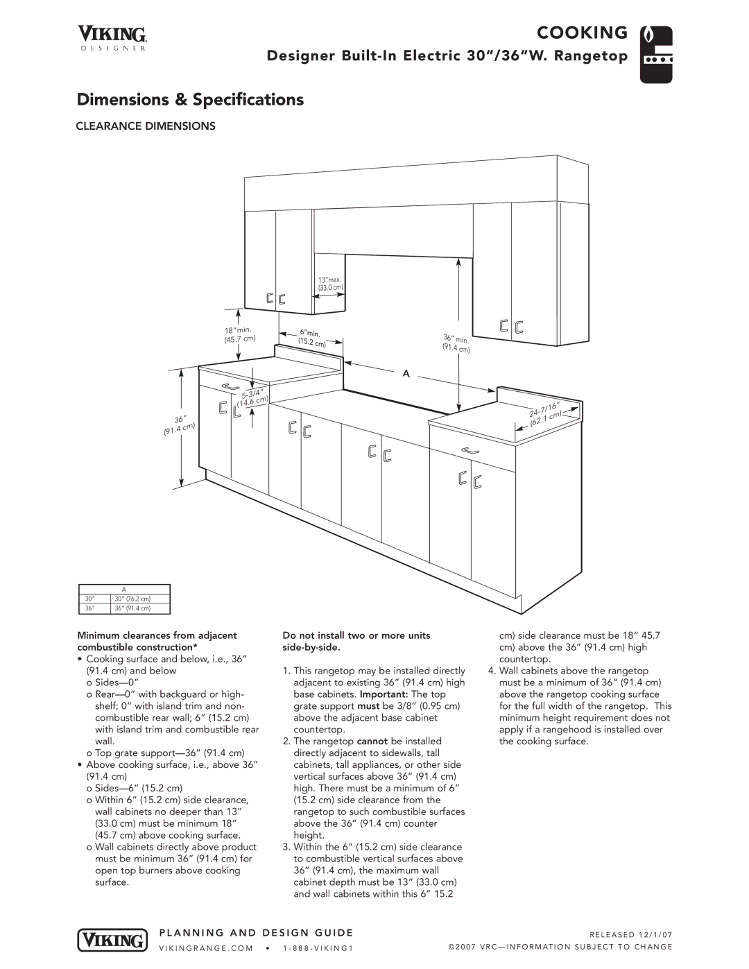 Viking DERT301-4B, DERT361-5B manual Clearance Dimensions 