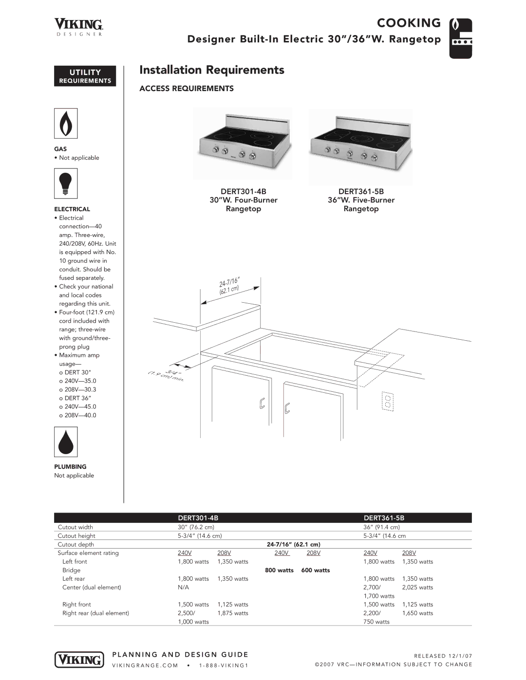 Viking DERT361-5B, DERT301-4B manual Installation Requirements, Utility 