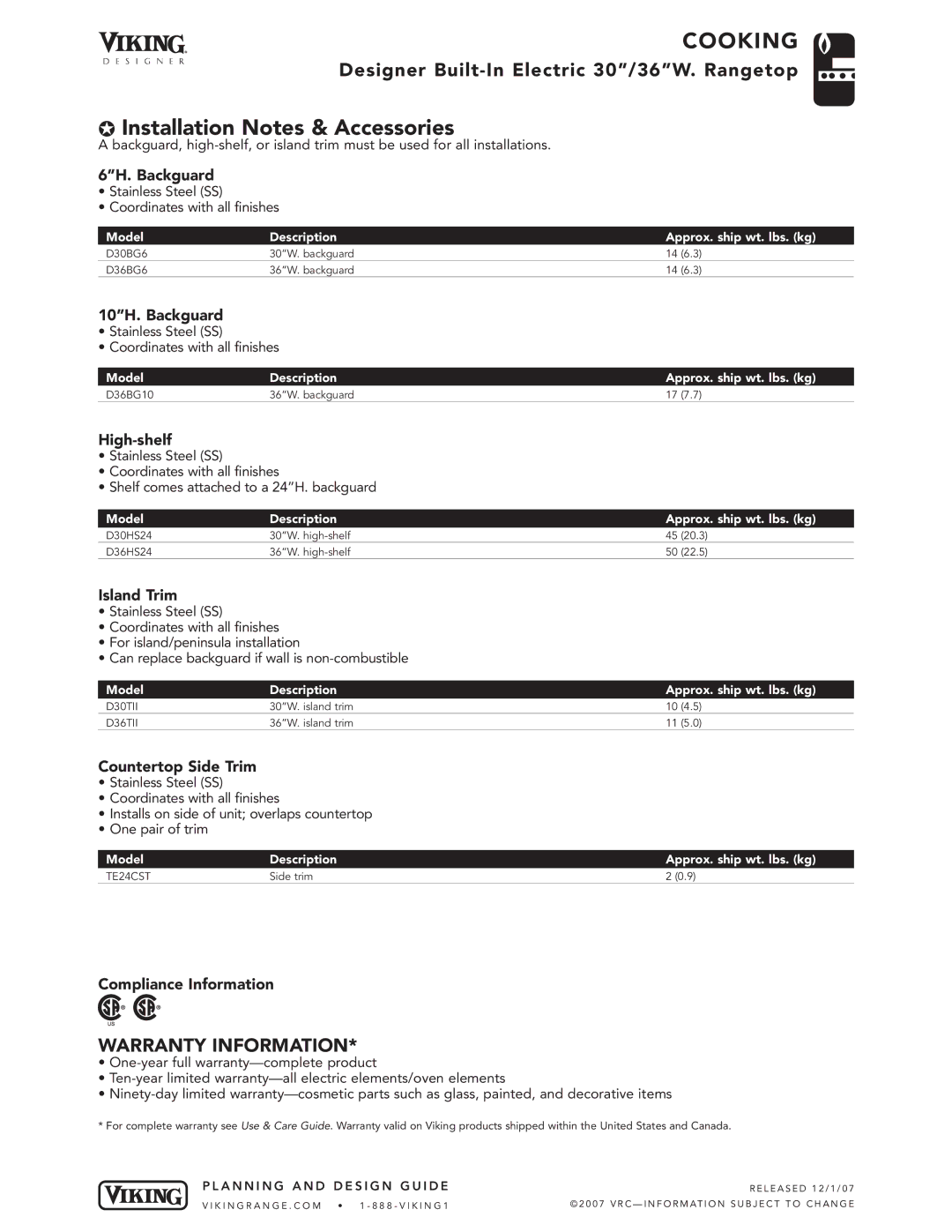 Viking DERT301-4B, DERT361-5B manual Installation Notes & Accessories 