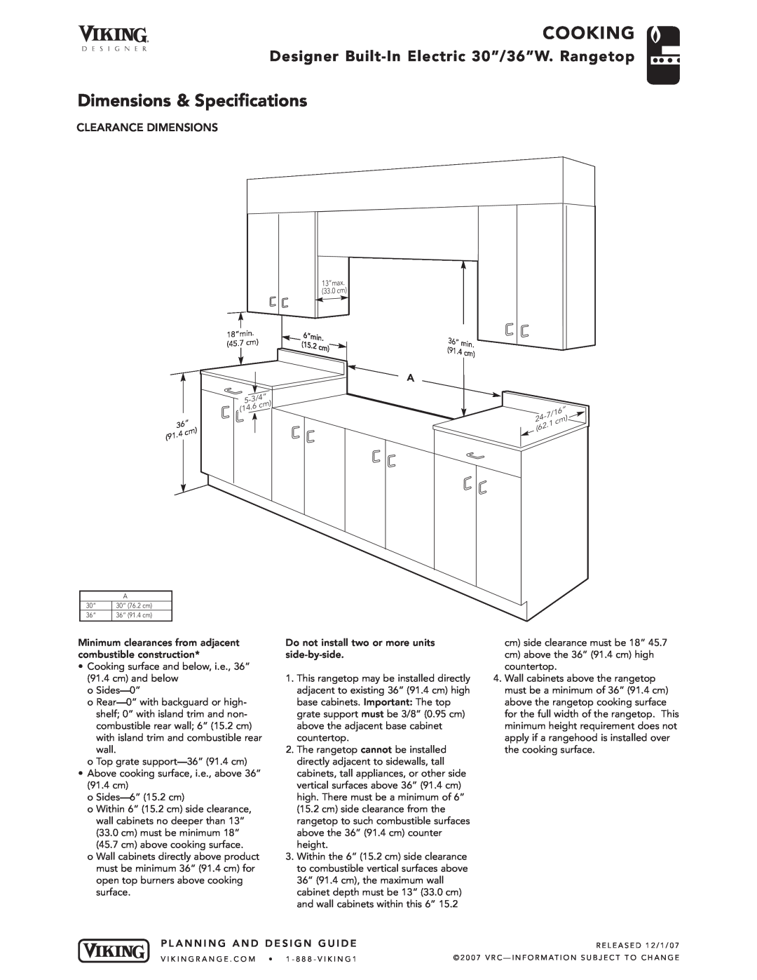 Viking DERT301-4B, DERT361-5B manual Cooking, Dimensions & Specifications, Designer Built-In Electric 30”/36”W. Rangetop 