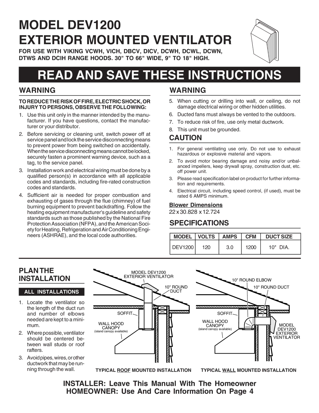 Viking specifications Model DEV1200 Exterior Mounted Ventilator, Specifications, Plan the Installation 