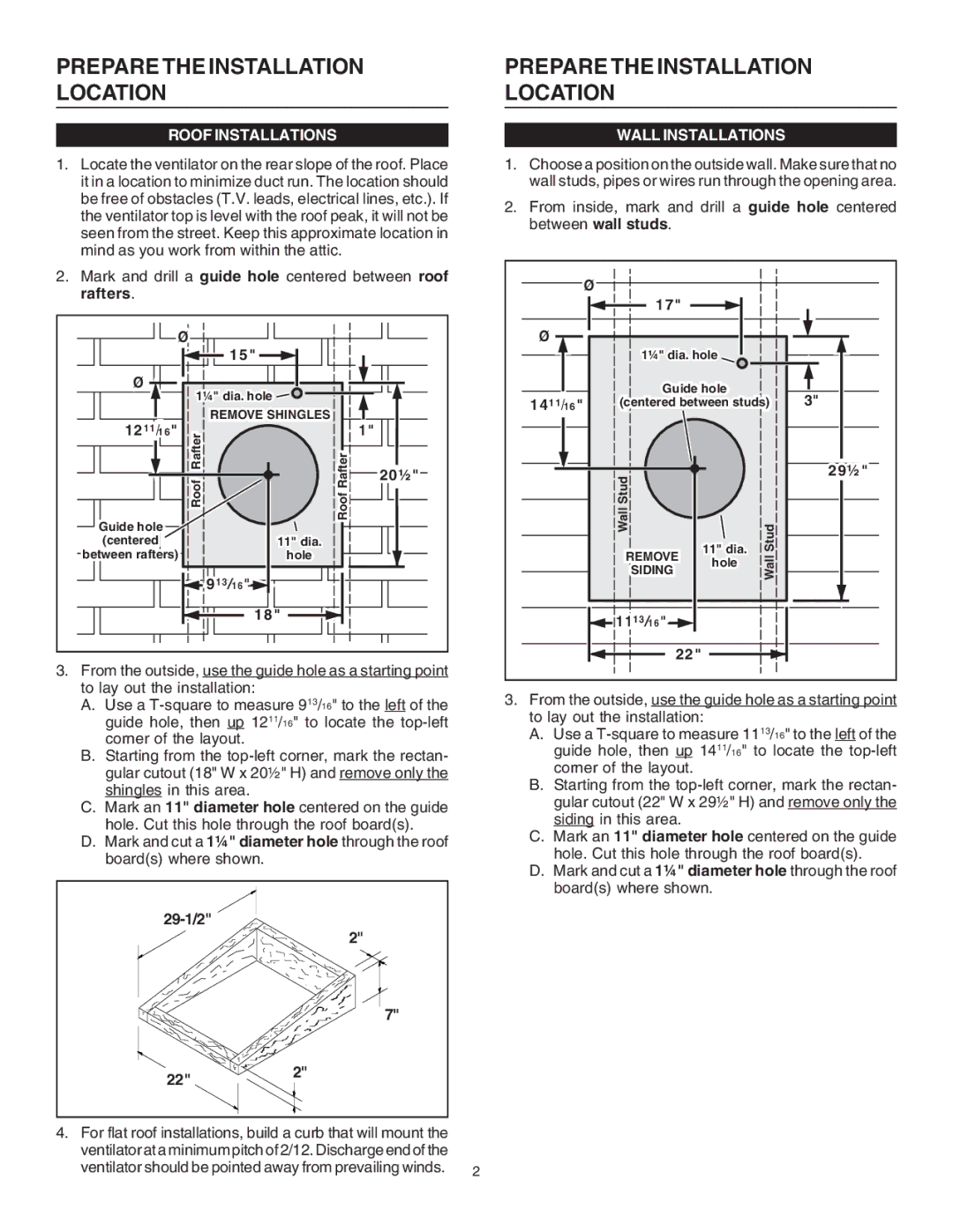 Viking DEV1200 specifications Prepare the Installation Location, Roof Installations, Wall Installations 