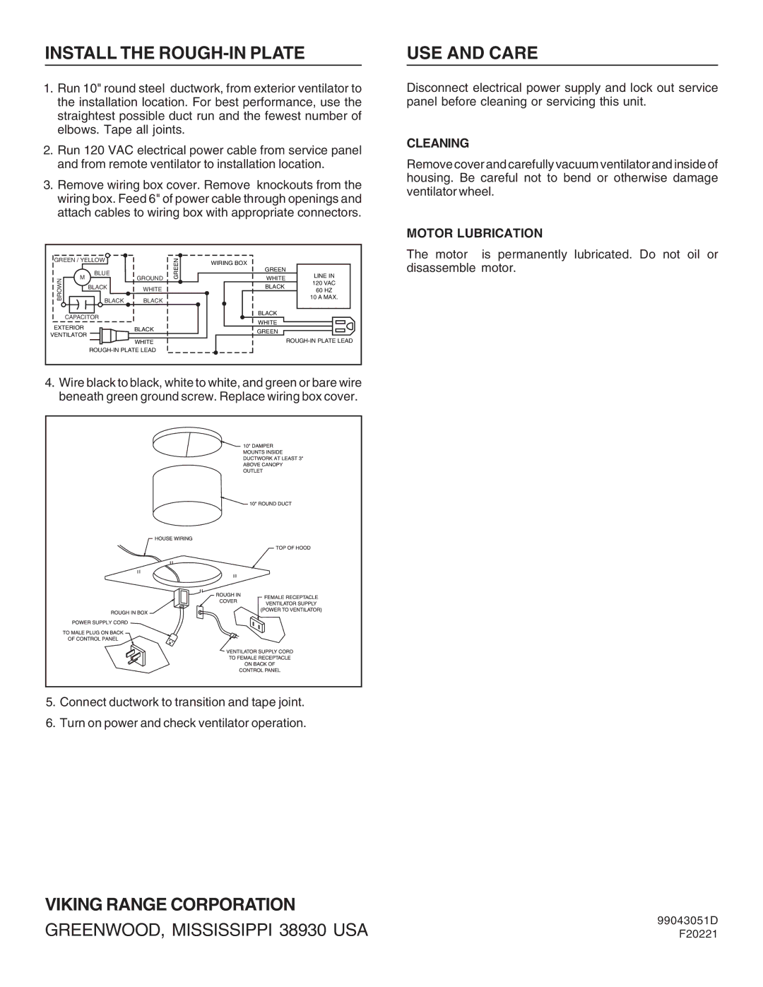 Viking DEV1200 Install the ROUGH-IN Plate, USE and Care, Viking Range Corporation, Cleaning, Motor Lubrication 