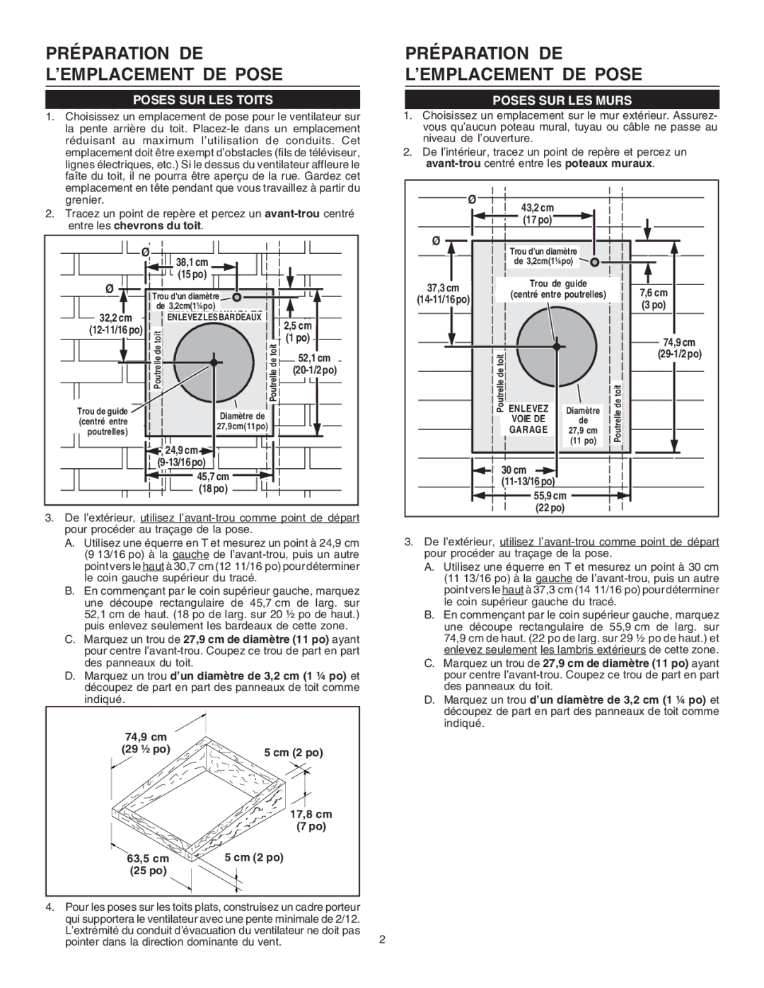 Viking DEV1200 specifications Préparation DE L’EMPLACEMENT DE Pose, Poses SUR LES Toits Poses SUR LES Murs, 24,9 / cm 