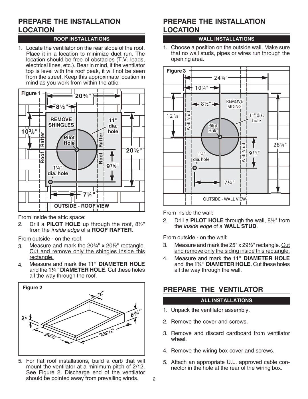 Viking DEV900 Prepare the Installation Location, Prepare the Ventilator, Roof Installations, Wall Installations 